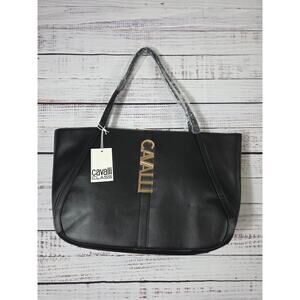 Cavalli Class Sandra Shopper Tote Black Onyx Bag with Gold Accents NWT